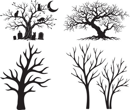 Set of spooky trees with cats and tombstones for creative seasonal holiday design projects and decor