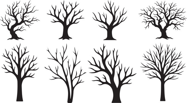 Collection of various bare winter trees in black silhouette for versatile seasonal landscape design and decoration