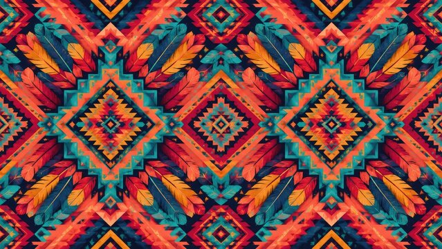 Vibrant geometric tribal pattern with colorful feathers in teal, orange, red and yellow