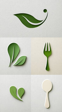 Green leaf and cutlery paper cutouts representing healthy food, natural ingredients, organic eating, sustainable lifestyle, vegan diet, and eco-friendly nutrition concepts