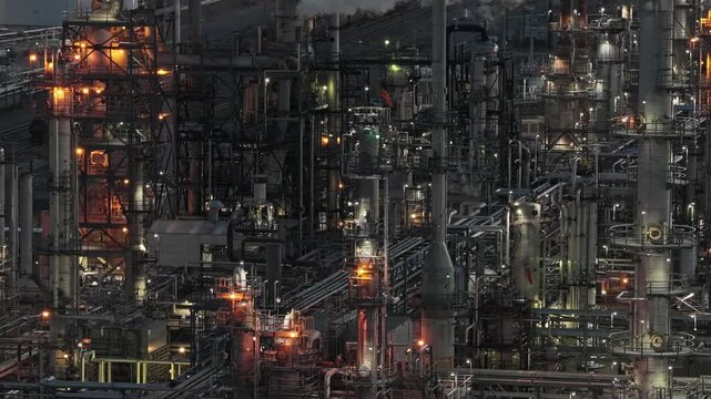 Refinery at night america close up industrial area detailed shot drone video Denver Colorado 4K