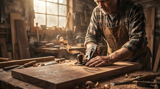 Skilled Carpenter Working with Wood in a Rustic Workshop.