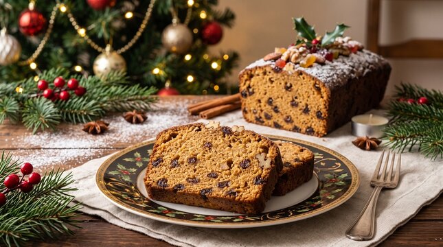 Delicious Christmas fruitcake with nuts and raisins served on a festive plate with a Christmas tree background