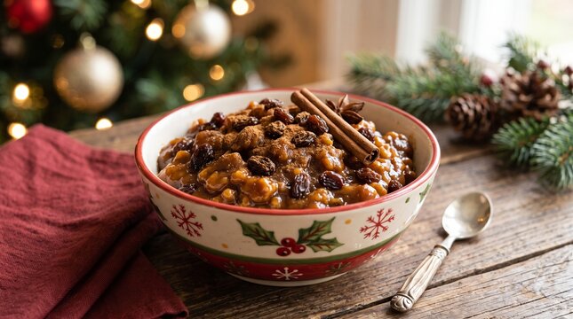 Christmas rice pudding with raisins and cinnamon in a festive bowl with pine branches and tree lights