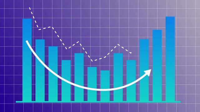 Blue bar chart with a downward trend arrow