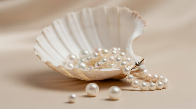 A white pearl necklace rests inside an open seashell on a wooden surface.