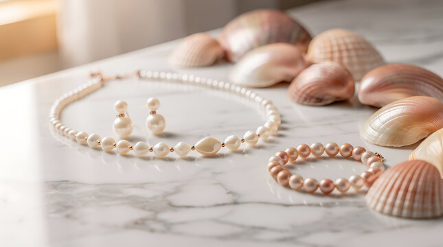 Pearl jewelry including a necklace, bracelet, and earrings rests on a marble surface.