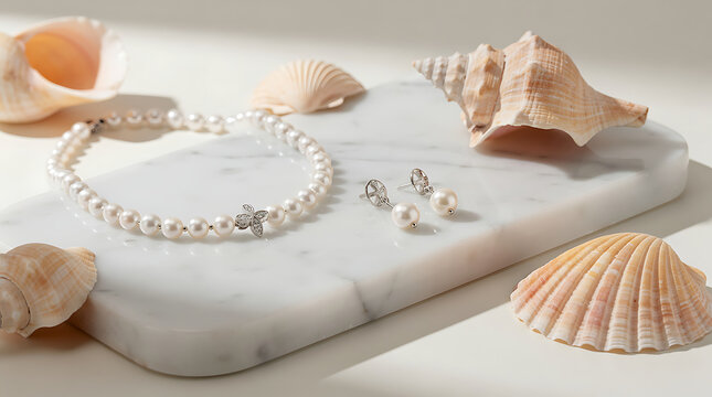 Pearl jewelry and seashells are displayed on a white marble slab.