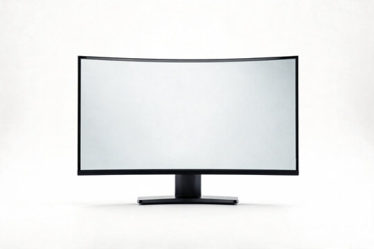 Modern Curved Computer Monitor Display Screen with Blank White Screen on a Stand Against a White Background