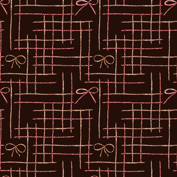 Hand drawn seamless pattern with vintage rope and bows designed as plaid ornament on dark brown background. Cute and simple surface design for gift paper, textile, scrapbooking