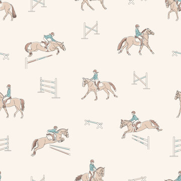 Seamless equestrian pattern with young riders on horses jumping over hurdles in pastel hand drawn style 