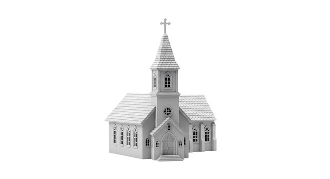 White church with steeple and cross against a white background, architectural model
