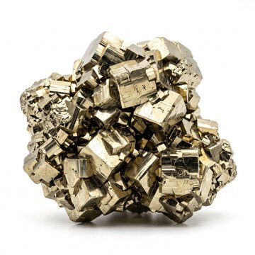 Macro studio photograph of a raw cubic pyrite crystal on white background