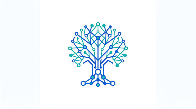 Abstract digital tree logo seamlessly blending natural growth with advanced technology, illustrating concepts of interconnected networks, data flow, and sustainable innovation