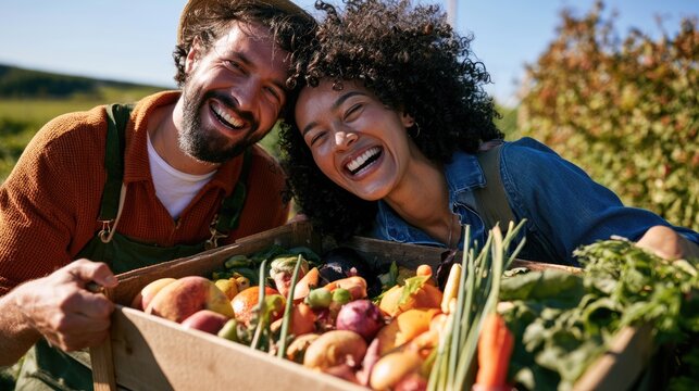 Portrait of happy young smart farmer holding a wooden crate full of fresh organic vegetables at a local market, sustainable agriculture concept