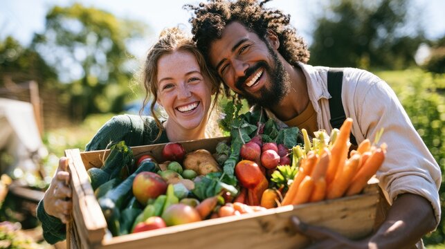 Portrait of happy young smart farmer holding a wooden crate full of fresh organic vegetables at a local market, sustainable agriculture concept