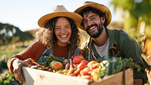 Portrait of happy young smart farmer holding a wooden crate full of fresh organic vegetables at a local market, sustainable agriculture concept