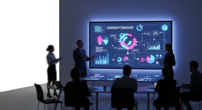 Mature atmosphere in a corporate training room where leadership strategies are analyzed through collaborative learning and expert instruction, interaction, discussion, management