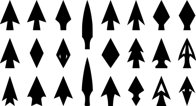 Arrowhead silhouette. This image shows a black silhouette of an arrowhead, which is a pointed, triangular shape often used as a symbol or in designs. Vector clipart illustration design.