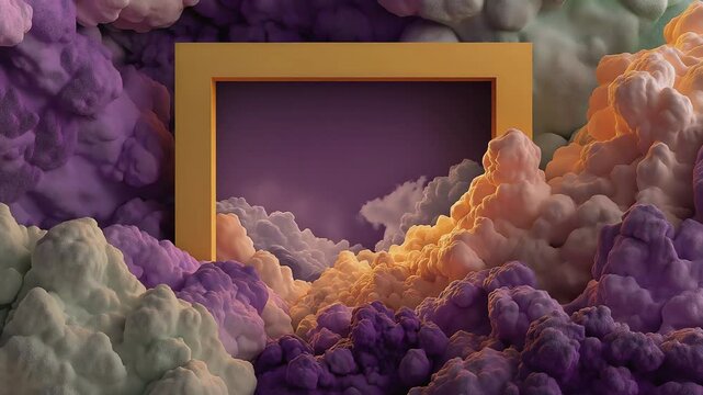Yellow rectangular frame surrounded by fluffy 3D cloud formations in pastel purple, peach, and mint green with copy space