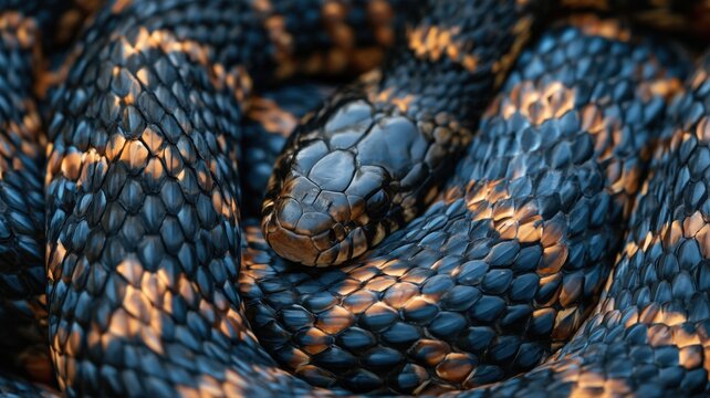 黒とオレンジの模様が美しいヘビのアップ。自然や動物関連の媒体に使える爬虫類の写真