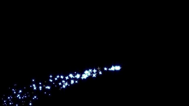 Luxury white glitter sparkle line trail with magic dust, twinkling star particles, fairy shimmer and glowing starlight motion, sparkling doodle stars transition on black screen background. 4k