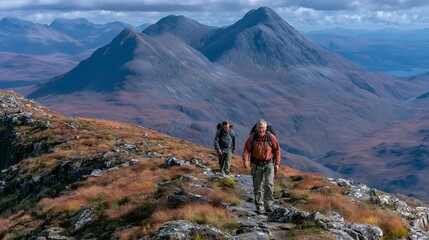 Fototapeta premium Two male hikers with backpacks walking on a rocky mountain path with dramatic autumn colors and distant peaks in the Scottish Highlands