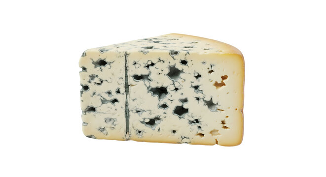 Single wedge of gourmet blue cheese with edible mold veins isolated on a white background for food design