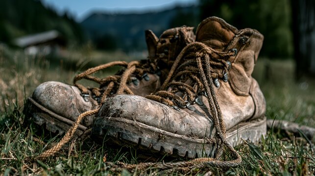 Worn and muddy leather hiking boots with untied laces resting on lush green grass, symbolizing outdoor adventures and a long journey through nature