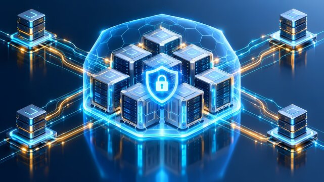 Secure server network with cybersecurity shield and padlock, digital database protection concept