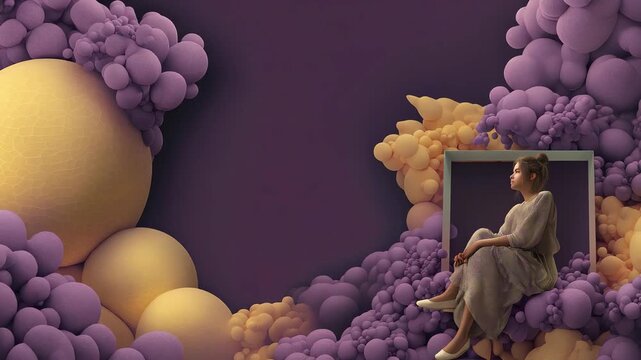 3D creative composition with a woman sitting in a frame surrounded by cloud formations and spheres with copy space