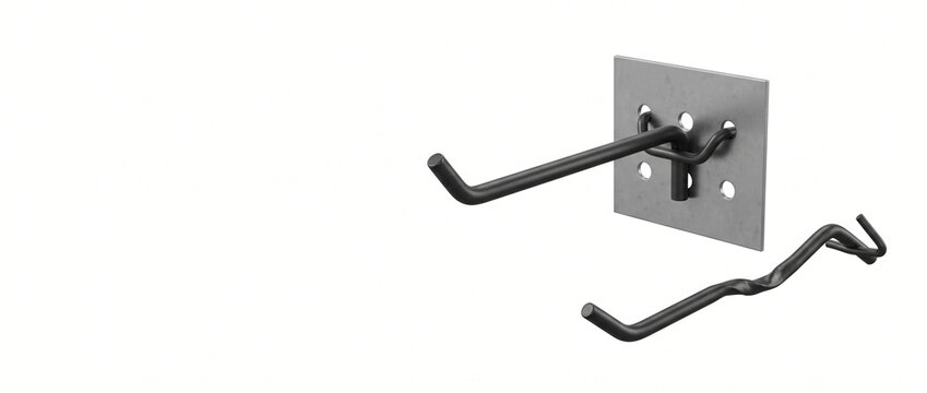 Black metal pegboard hook on white background with copy space
