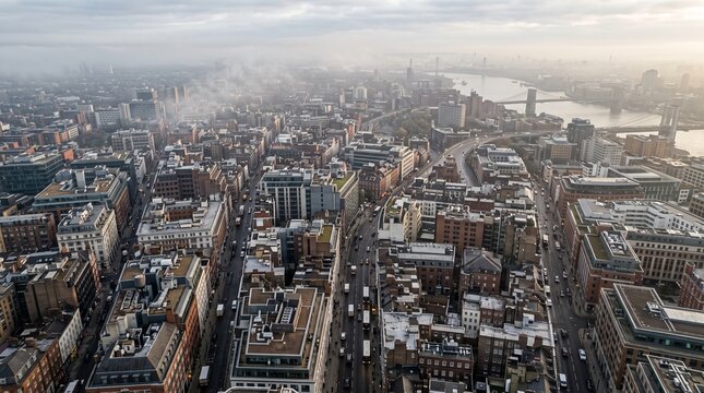Aerial view of London cityscape with River Thames and bridges on a foggy day