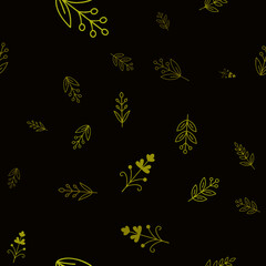 Seamless Yellow Botanical Motif Scatter Pattern On Black Vector Background © zadanzi