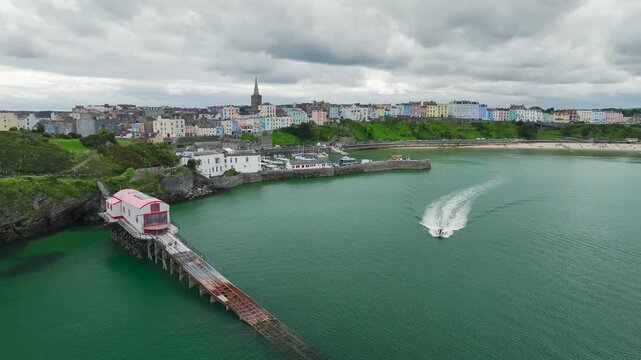 RNLI Tenby Lifeboat Station from a drone, Tenby, Pembrokeshire, Wales, England, United Kingdom