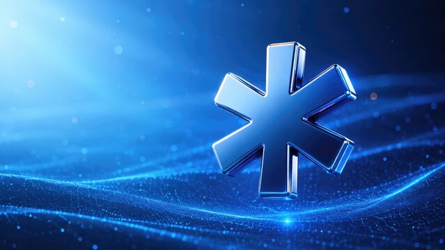 Shiny chrome blue asterisk symbol floating above a glowing digital wave background with particles and futuristic light effects