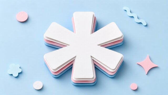 Layered white asterisk shape with pink and blue paper-like layers on a soft blue background, surrounded by small pastel geometric cutouts in a minimalist flatlay