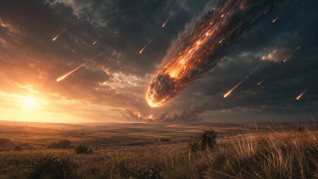 A giant flaming meteor streaks across a dramatic sunset sky over grassy rolling plains as fiery fragments rain down and smoke glows orange