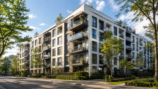 Sunlit modern mid-rise apartment building with balconies, glass facades, terraces, street trees and landscaped greenery