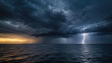 Fototapeta premium Dramatic ocean storm with dark shelf cloud, lightning strike and golden sunset on the distant horizon