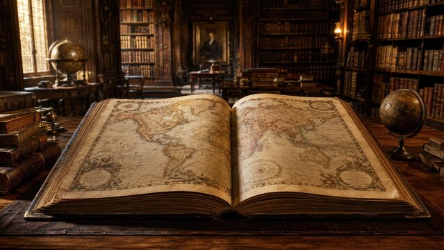 Open antique atlas displaying detailed old world maps on a wooden desk in a warm, ornate historic library filled with globes and leather-bound books