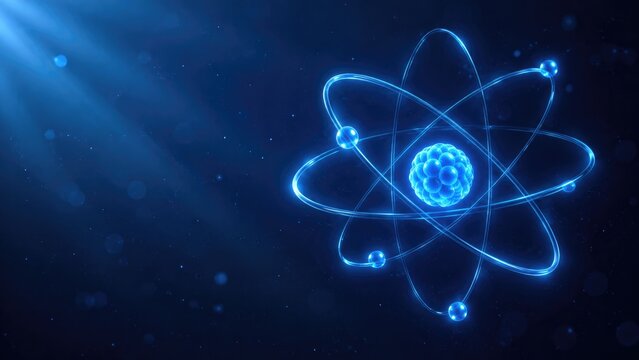 Glowing blue atomic model with nucleus and orbiting electrons on a dark cosmic background