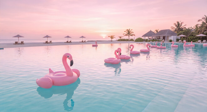 A beautiful luxurious tropical resort swimming pool features several bright pink flamingo shaped inflatable floaties during a vibrant sunset with swaying palm trees