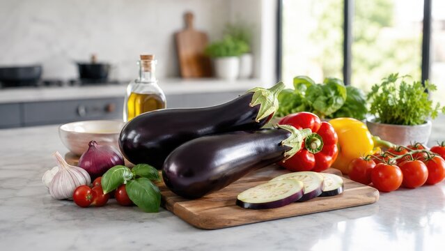 Fresh eggplants and assorted vegetables on a cutting board in a bright kitchen, ready for cooking