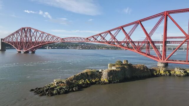 Inch Garvie Castle from a drone, Forth Bridge, Queensferry Crossing, Forth Estuary, Scotland, United Kingdom