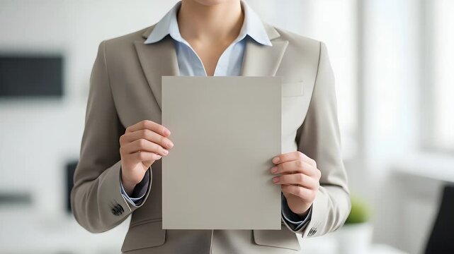 A professional woman in a suit holding a blank paper sheet for custom text or corporate branding.