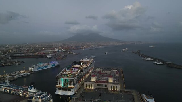 Naples Ferry Terminal at night from a drone, Molo Immacolatella Vecchia, Naples, Campania, Italy