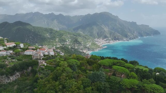 Ravello from a drone, Amalfi Coast, Tyrrhenian Sea, Salerno, Campania, Italy