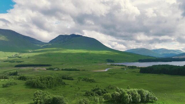 Loch Tulla and Beinn Dorain from a drone, Glen Coe, Highlands, Scotland, United Kingdom