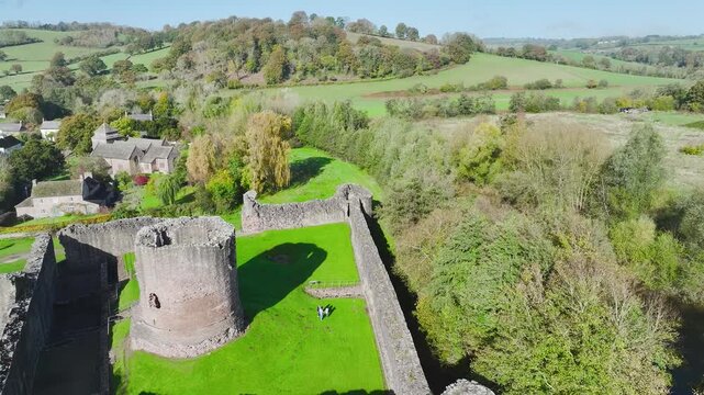Skenfrith Castle from a drone, Monmouthshire, Wales, England, United Kingdom